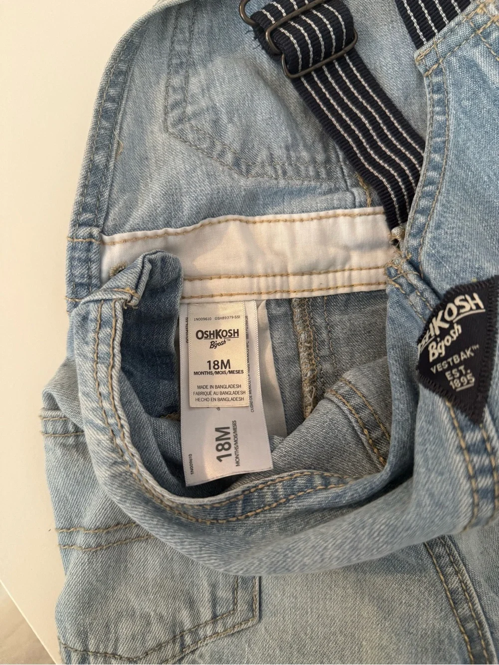 OshKosh B'gosh Light Blue Denim Short Overalls with Striped Straps